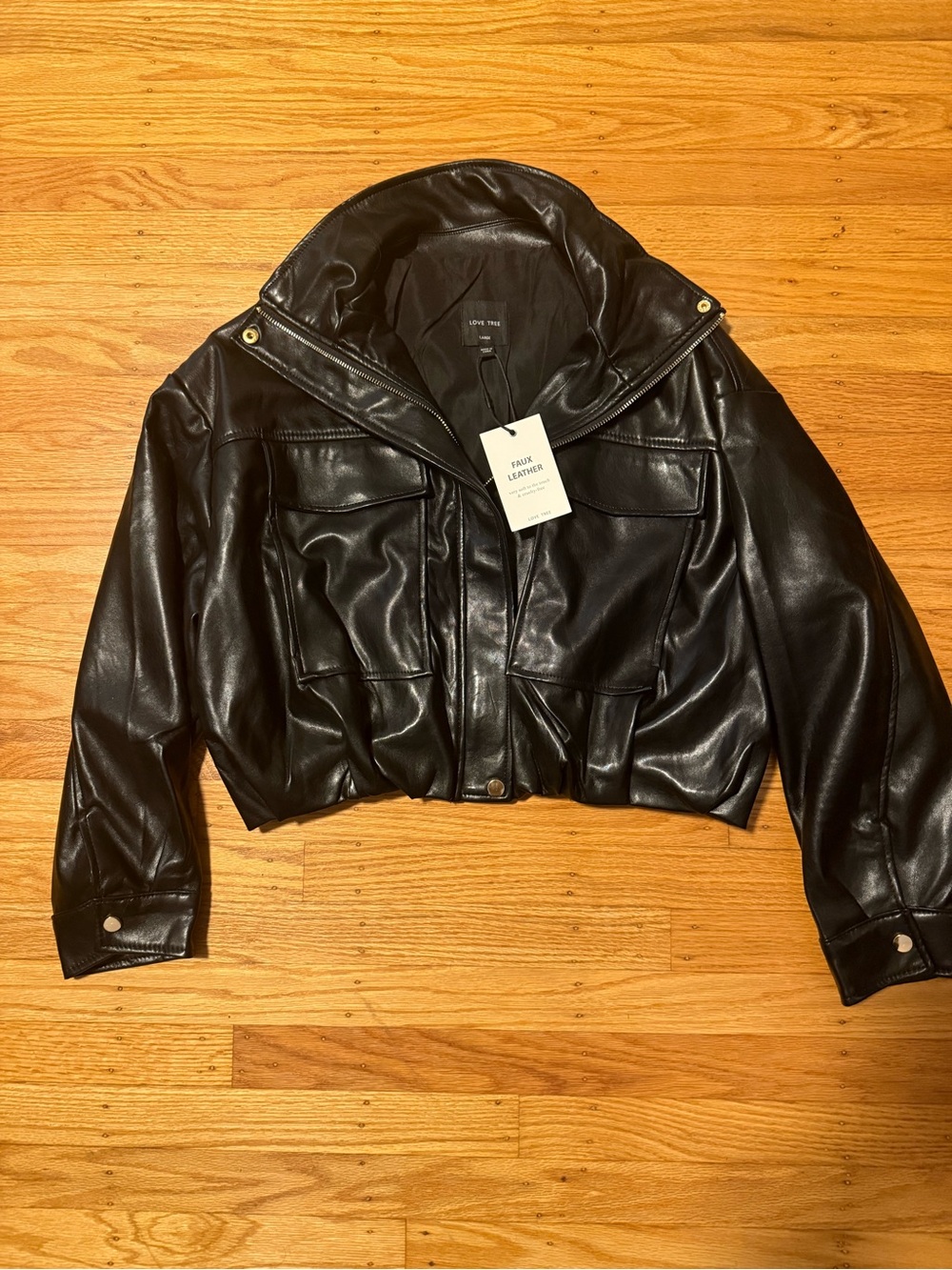 Love Tree Black Faux Leather Bomber Jacket